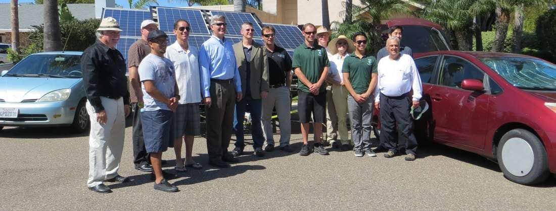 Industry Experts standing with the Mobile Energy EcoSystem: Skip Fralick (Center for Sustainable Energy, Solar Water heating Program Manager), Juergen Zirlier (Hubbell and Hubbell Architects), Jorge Perez, (Landscape Architect), Charlie Johnson (Makello), Dave Roberts (San Diego County Supervisor, District 3), Steven Johnston (SDG&E), UCSD Engineers for a Sustainable World and Butler & Sons Associates.